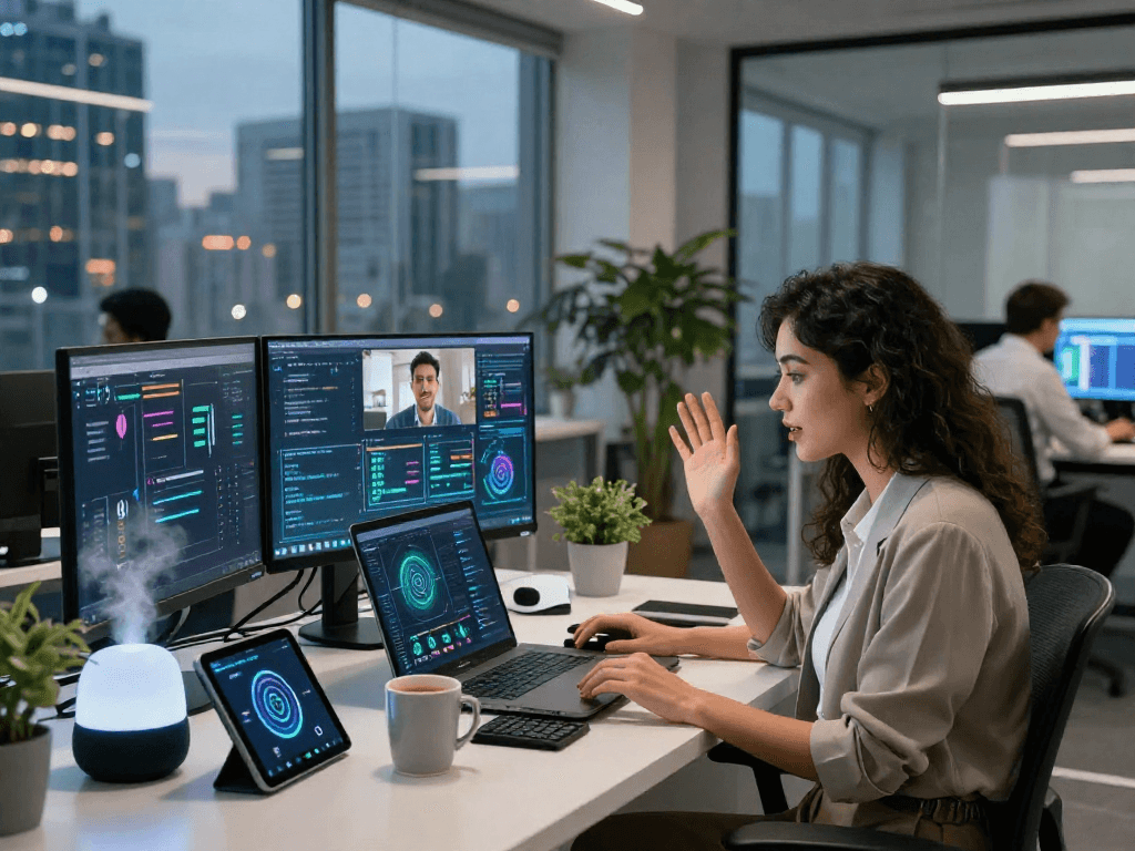 Juicy ai innovation in a dynamic tech workspace showing collaboration and AI tools.