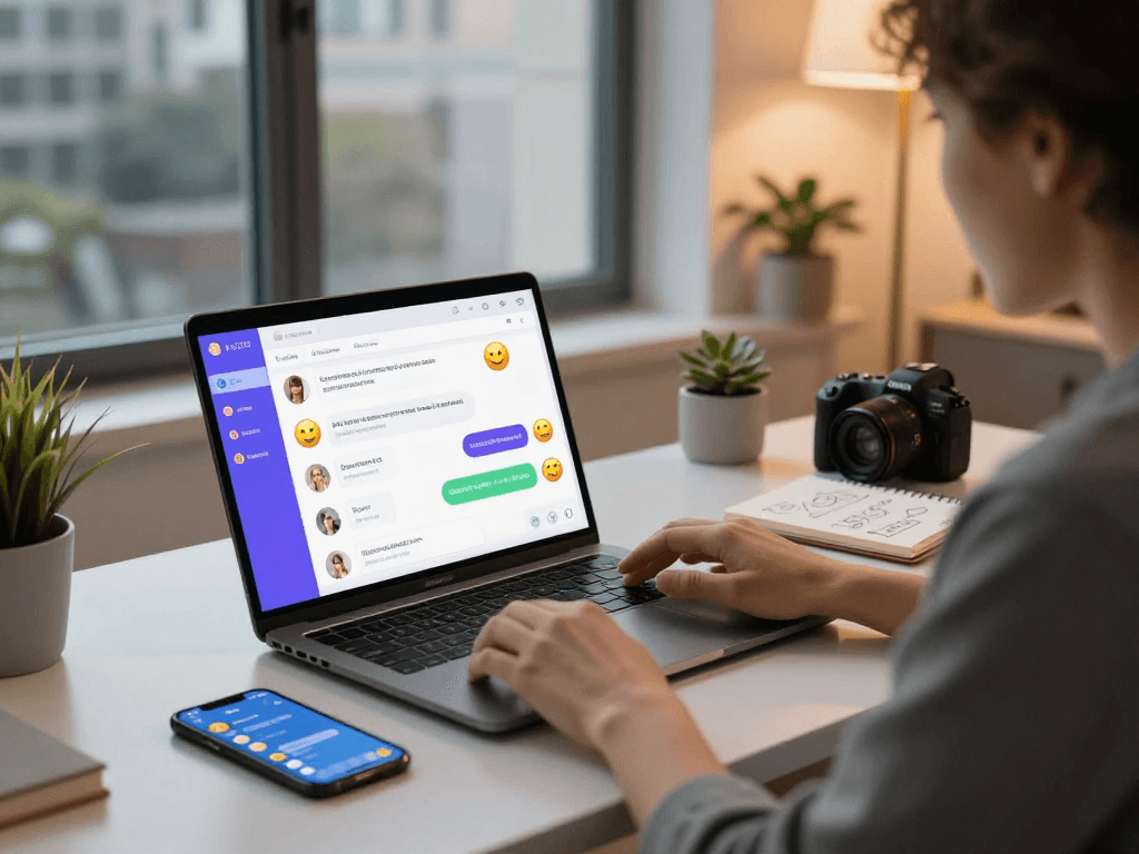 Engaging hot chat ai conversation at a modern workspace with vibrant chat interface and tech-savvy decor