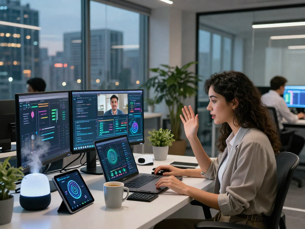 Juicy ai innovation in a dynamic tech workspace showing collaboration and AI tools.