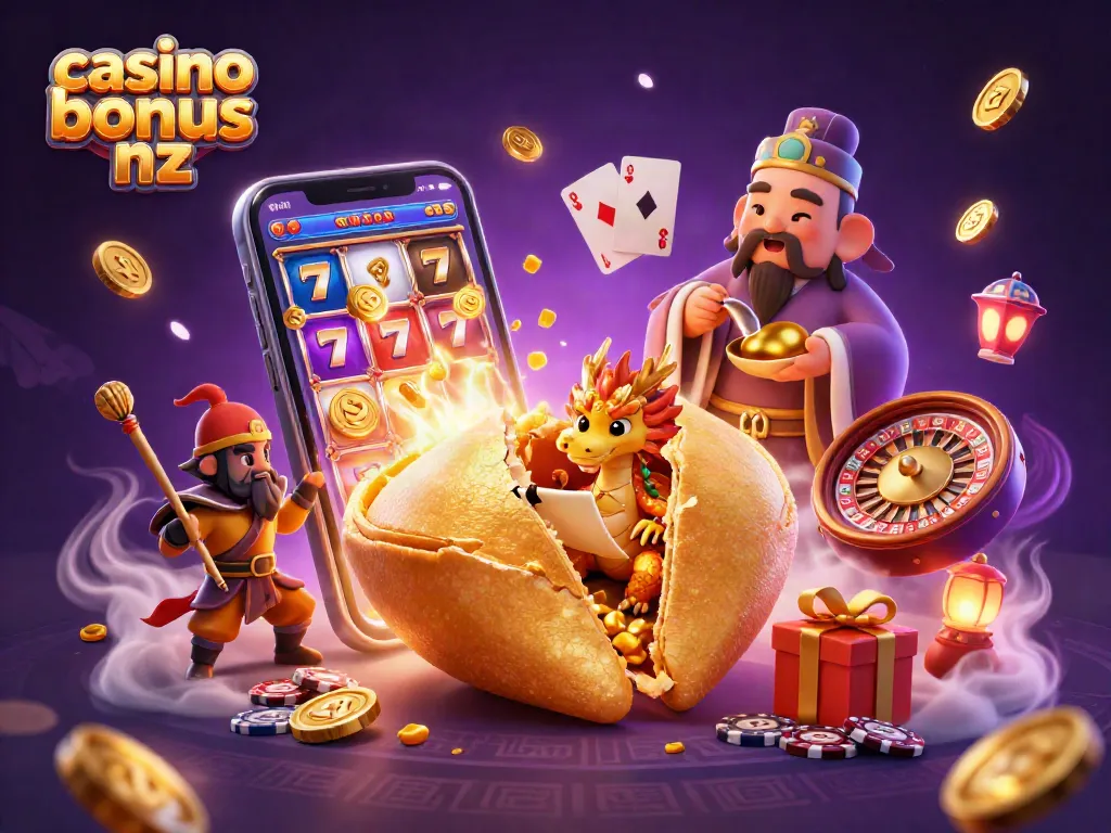 Join the adventure for casino bonus nz with a golden fortune cookie and festive gaming elements.