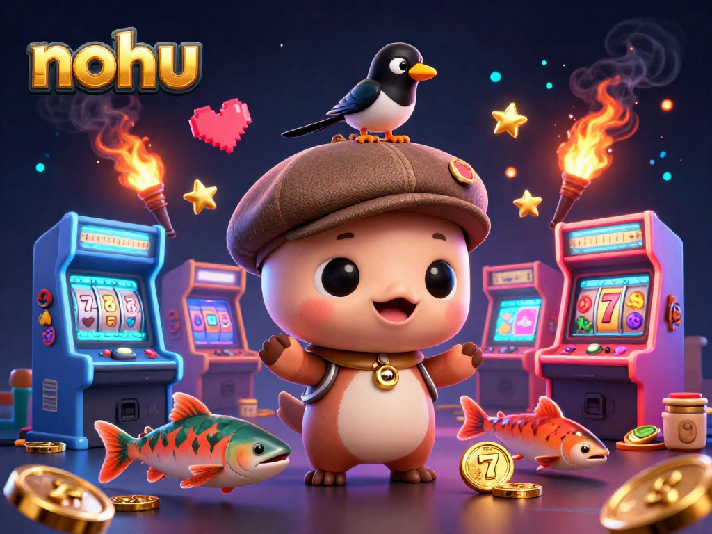 Nohu captivates gamers with slot reels and playful cartoon Nessie in a vibrant casino setting.