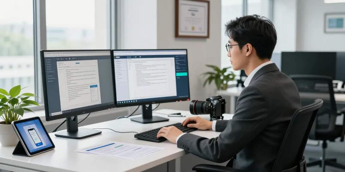 Analyst working on document fraud detection software in a modern office setting.