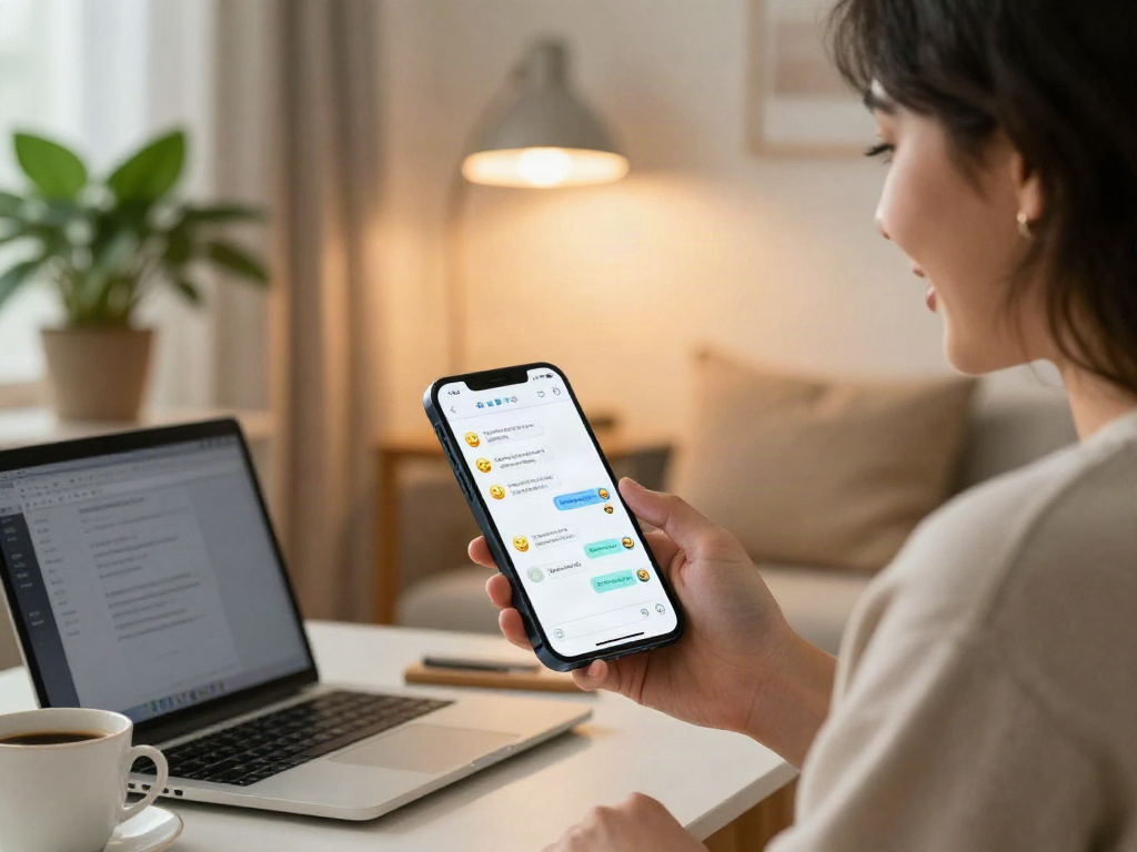 Engaging user interaction with an AI gf app in a warm home office setting.