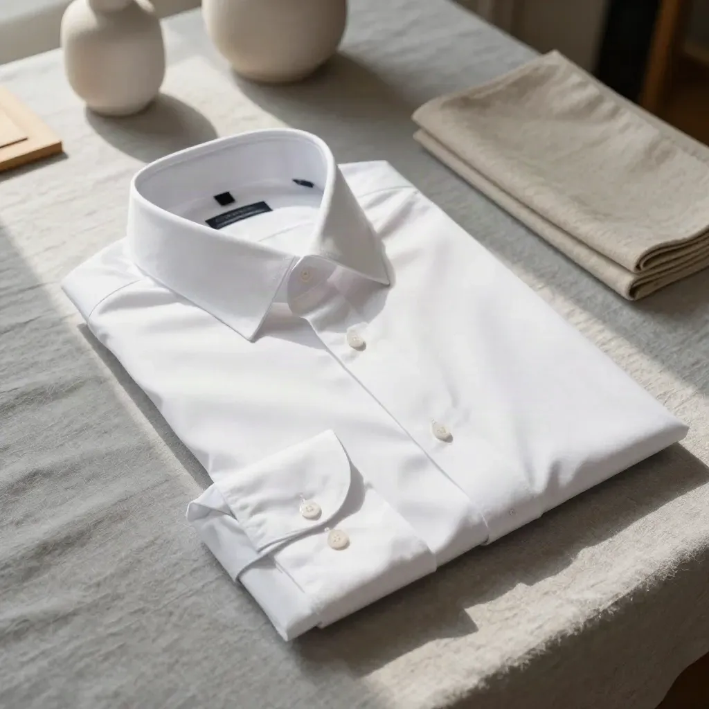 Camicia bianca su lino con colletto e polsi separati, atmosfera sartoriale elegante.