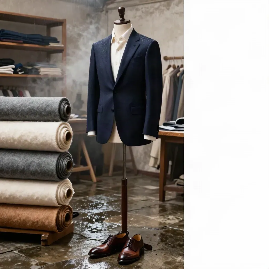 Abito blu navy su forma sartoriale, camicia avorio, pantaloni piegati e scarpa di cuoio in atelier.