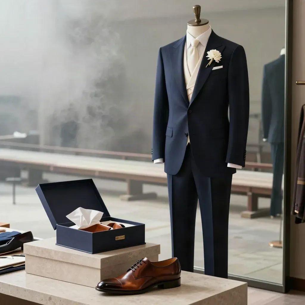 Abito da cerimonia blu navy su manichino davanti a specchio appannato e scatola scarpe aperta.