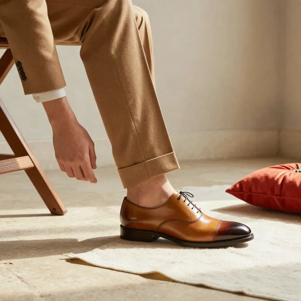 Orlo di pantalone e manica di giacca su trespolo basso, con scarpa lucida e puntaspilli.