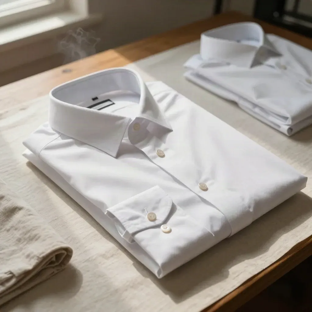 Camicia bianca stirata su lino avorio con colletto rigido e polso ripiegato, in atelier sartoriale.