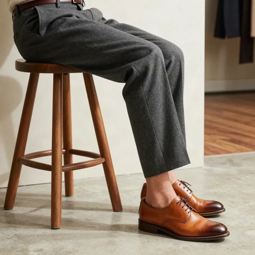 Pantaloni grigio ardesia su sgabello basso accanto a scarpe in cuoio, in una sartoria luminosa.