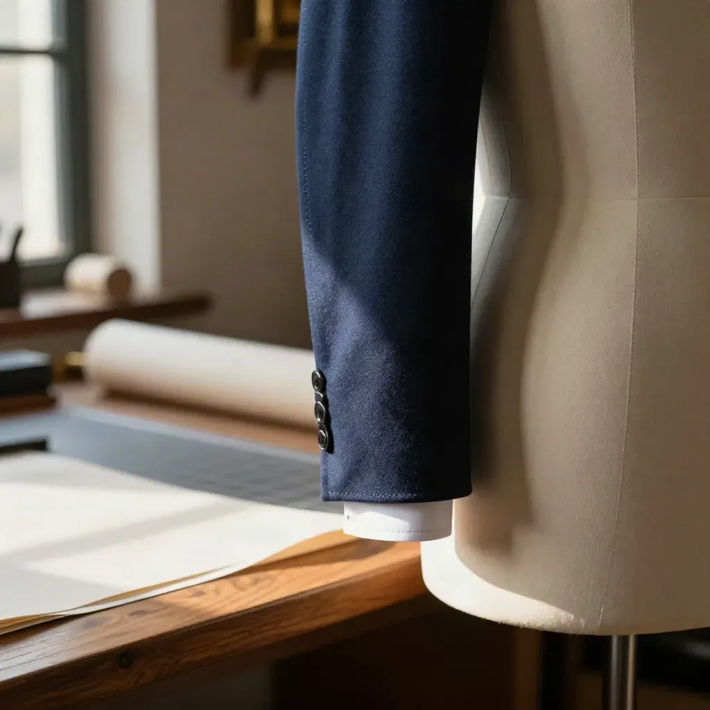 Giacca blu navy su forma sartoriale con polsino bianco che sporge appena, luce morbida laterale.