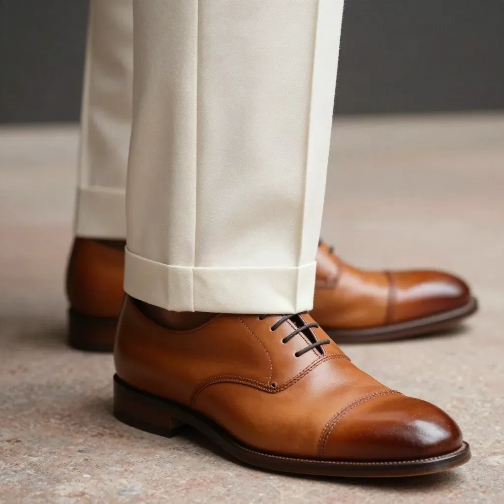 Orlo avorio di pantalone su derby in cuoio, ripreso rasoterra con atmosfera soffusa.