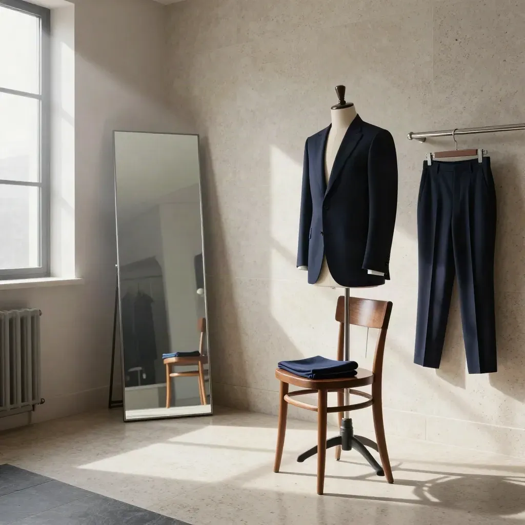 Interno sartoria con abito su manichino, specchio alto, sedia in legno e pantalone appeso nella luce del mattino.