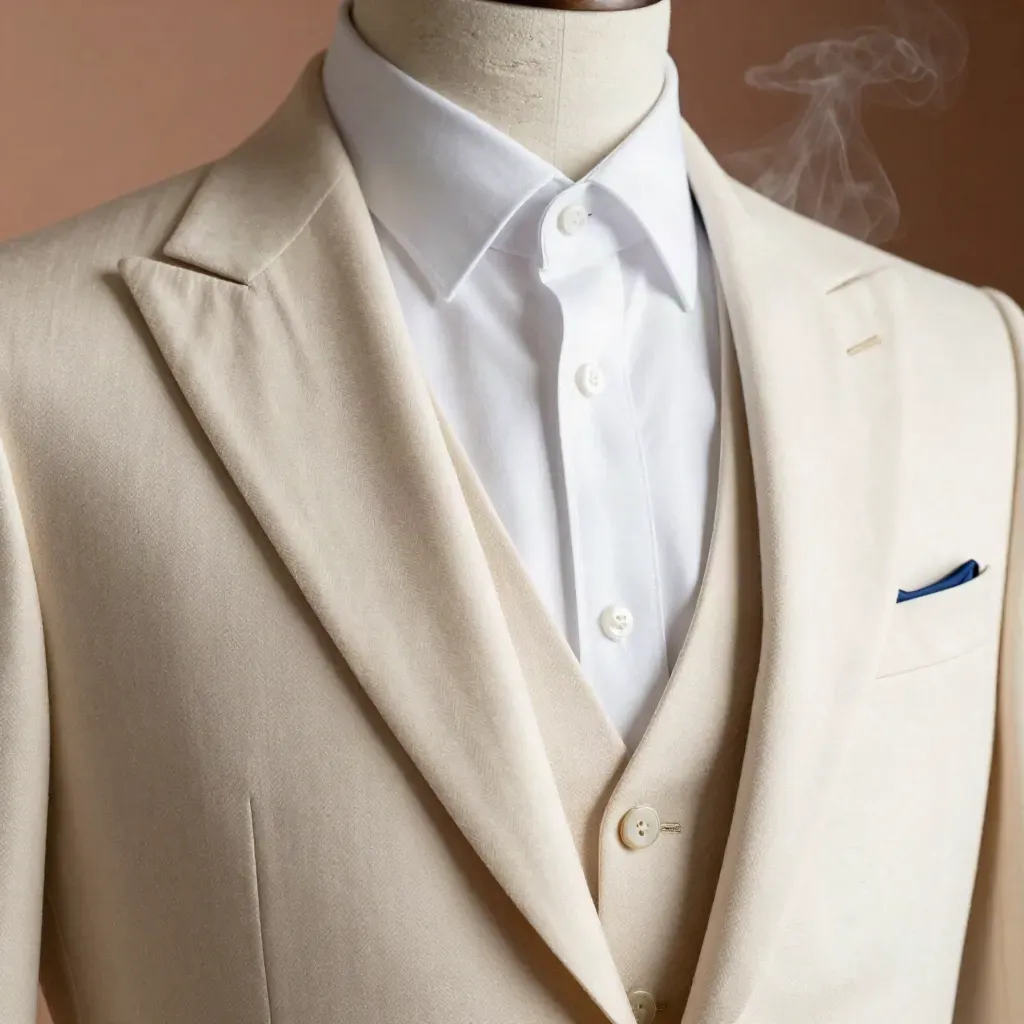 Completo da sposo su manichino, con camicia, gilet avorio e pantalone, ripreso da basso.