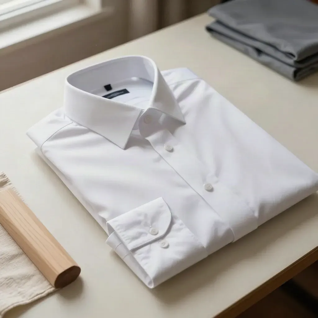 Camicia bianca distesa dall’alto su tavolo da sartoria, con collo e polso perfettamente pressati.