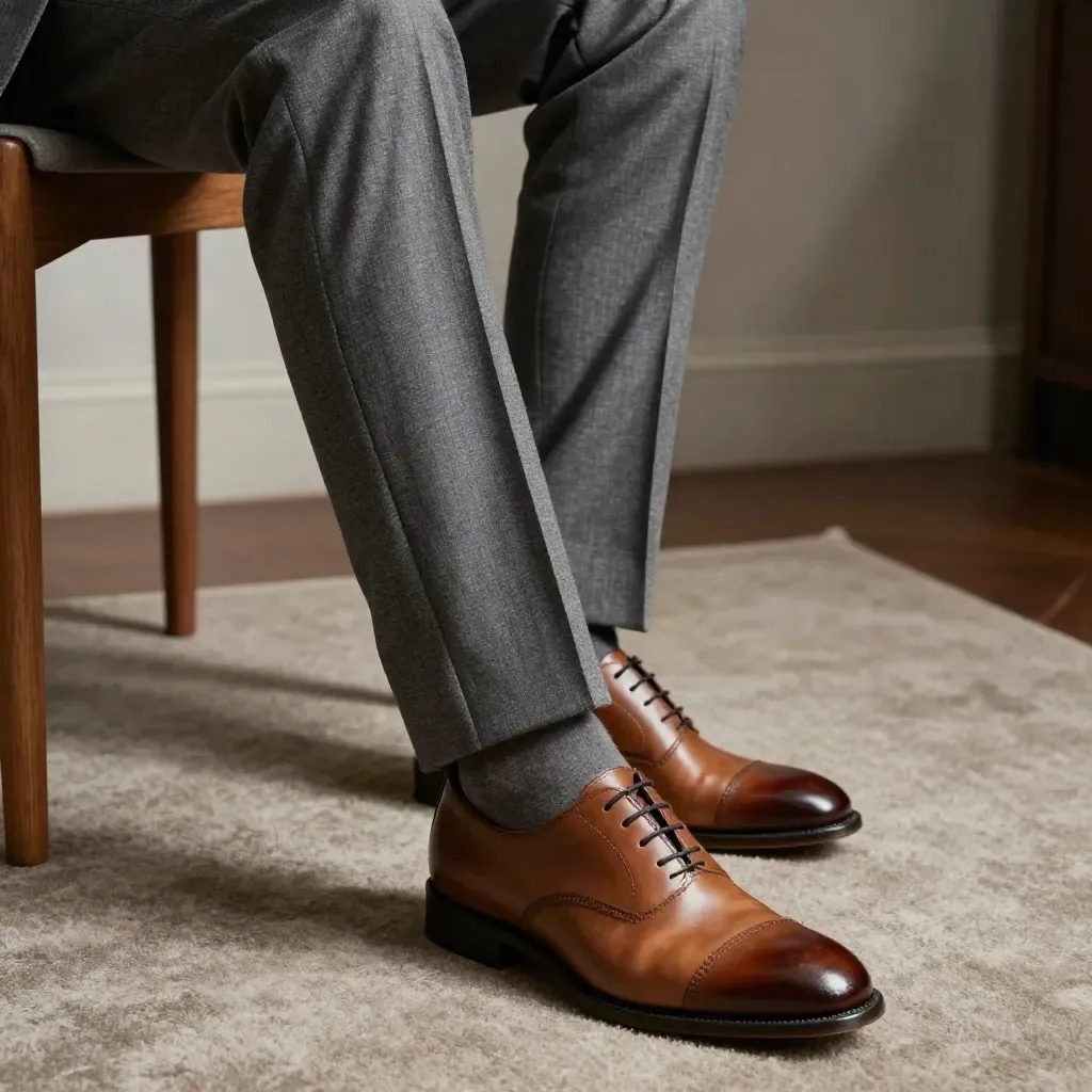 Pantaloni grigio ardesia con piega netta, scarpa in cuoio e sedia in legno su tappeto neutro.
