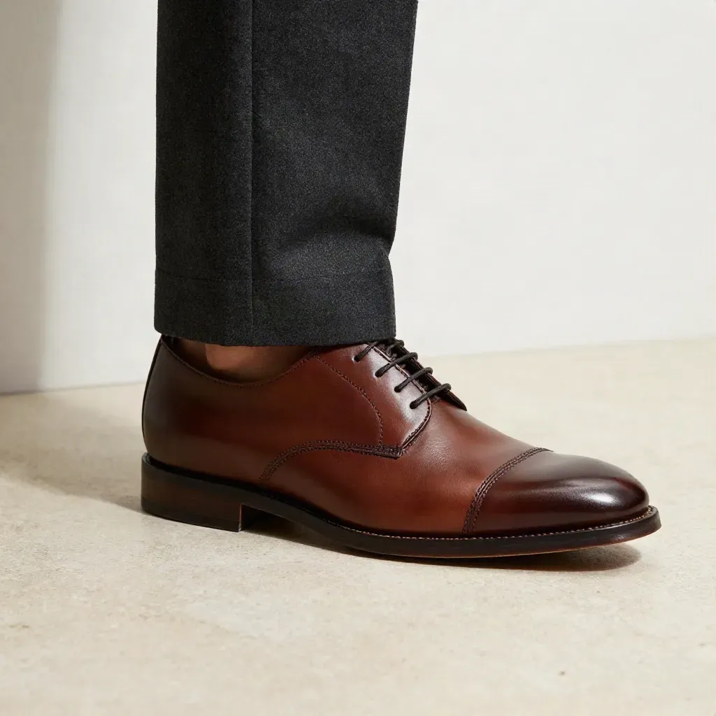 Orlo di pantalone su derby in pelle, su pavimento chiaro con ombra sottile.