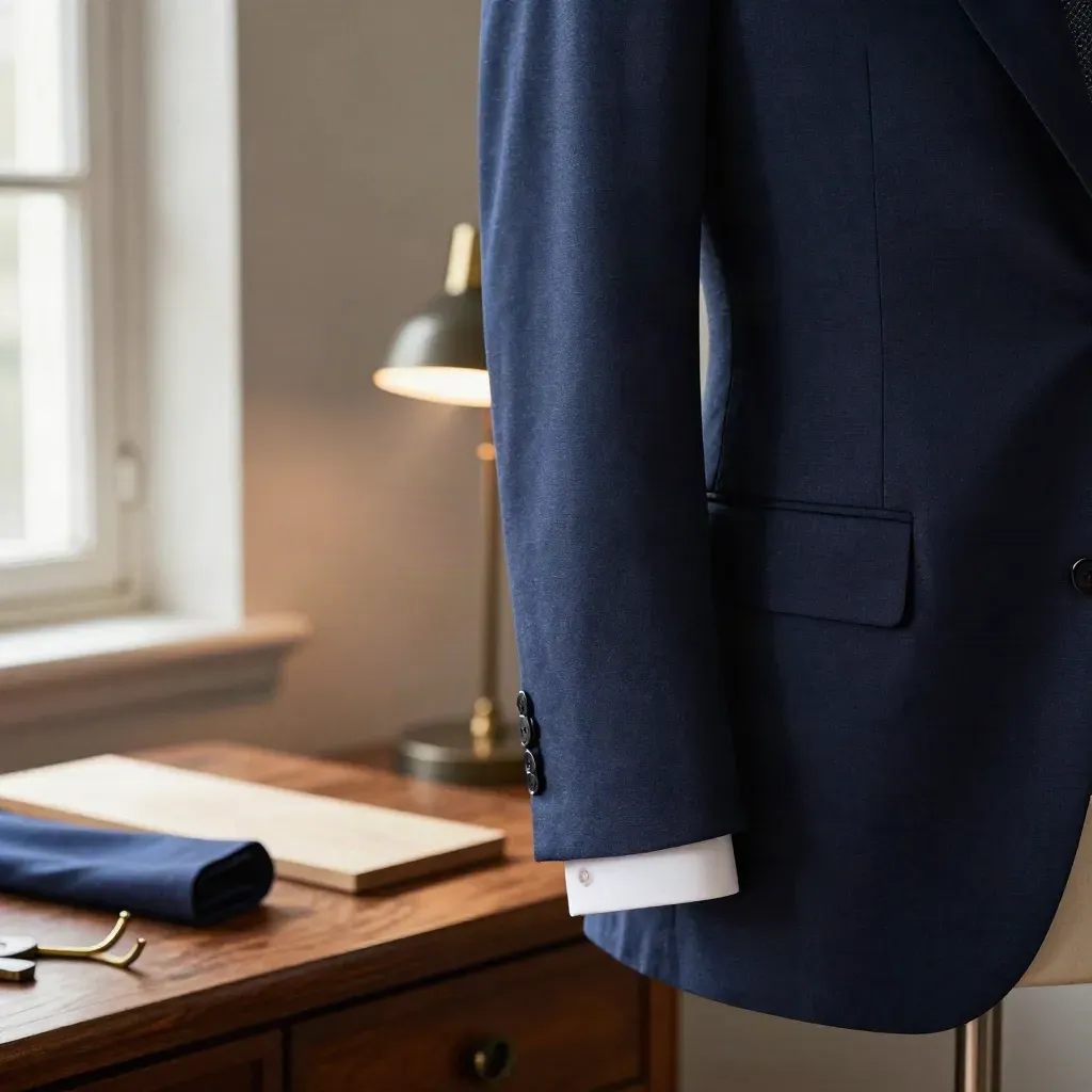 Giacca blu navy su forma con polsino della camicia in vista e luce calda di sartoria.