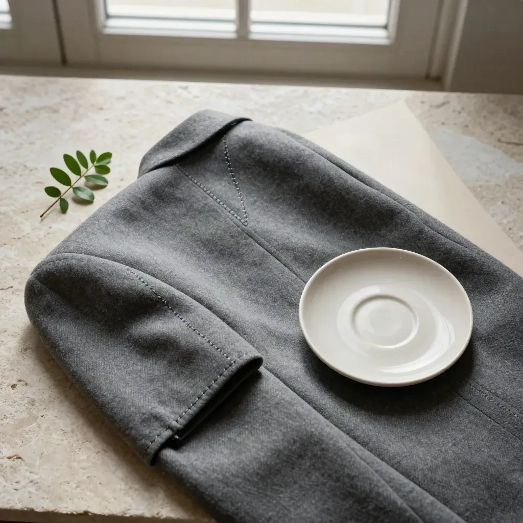 Flatlay dall’alto di spalla di giacca grigio ardesia, imbastitura, rametto verde e piattino ceramica.