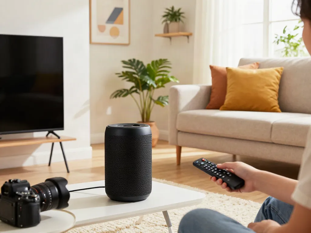 Stylish Vision Speaker in a cozy living room setup with a remote control.