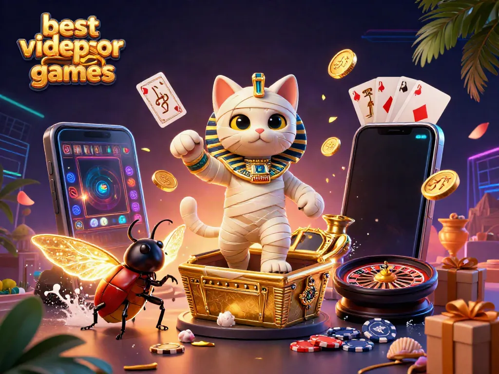 Explore the best video poker games in an exotic 3D casino setting featuring vibrant characters and elements.