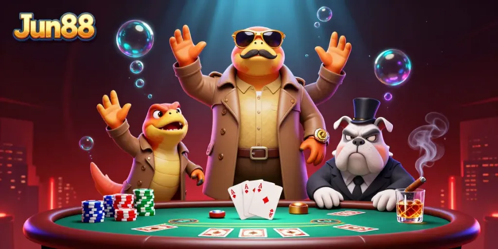 Jun88 showcases three quirky raptors in a trench coat attempting to enter a VIP casino lounge.