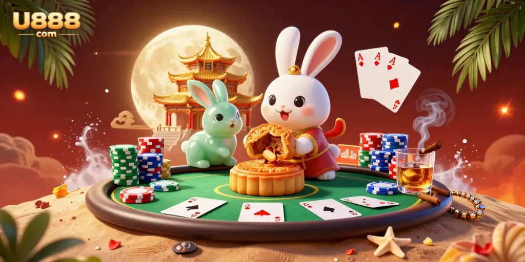 Experience thrilling gaming at U888 com with a captivating 3D representation of a moon rabbit revealing hidden casino treasures.