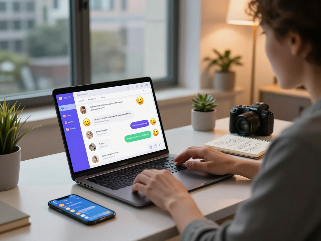 Engaging hot chat ai conversation at a modern workspace with vibrant chat interface and tech-savvy decor