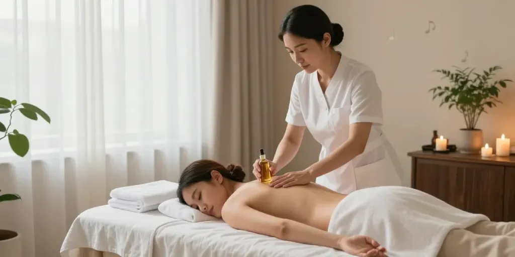 Relaxing scene showcasing an erotic massage in the north, featuring a serene spa environment.