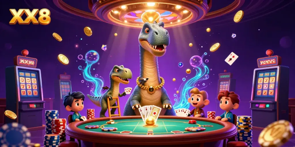 Engage with the grandeur of XX 8 casino, where a brontosaurus oversees a lively poker scene